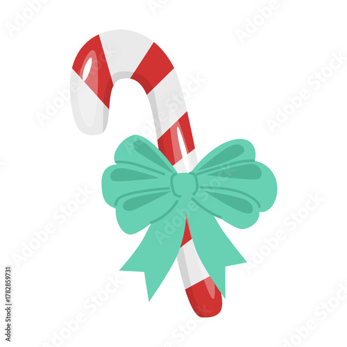 Candy cane, Christmas sweet with ribbon bow decoration. Festive winter holiday sugar snack, striped peppermint treat.