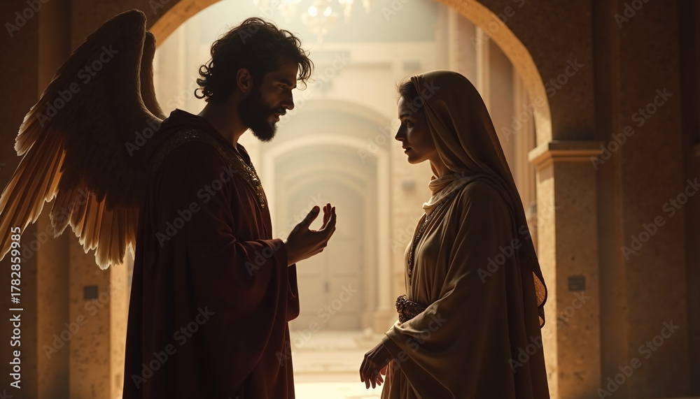 Obraz premium Scene from the Bible showing angel and woman in discussion at corridor, featuring dramatic lighting and period clothing. Scene from the Bible involves woman and man in historical attire,