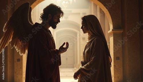 Scene from the Bible showing angel and woman in discussion at corridor, featuring dramatic lighting and period clothing. Scene from the Bible involves woman and man in historical attire,