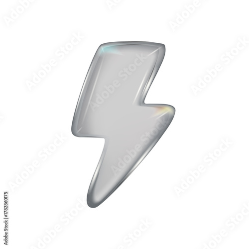 3d glass lightning icon with refraction and holographic effect isolated on dark background. Render glass lightning
