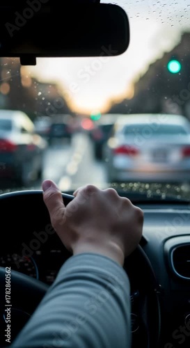 Man driving a car stuck in traffic jam during a busy evening road rush hour commute, close up view footage.