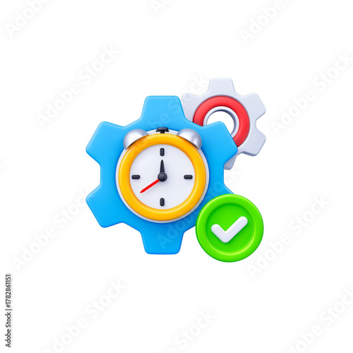 Time management success achieved with gears and clock, efficiency in task completion, deadline met, optimized performance, success