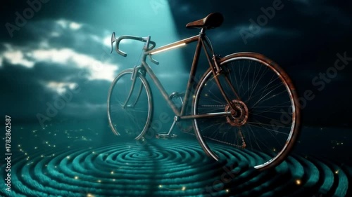 Mysterious Racing Bicycle Standing in Rippling Water at Night.