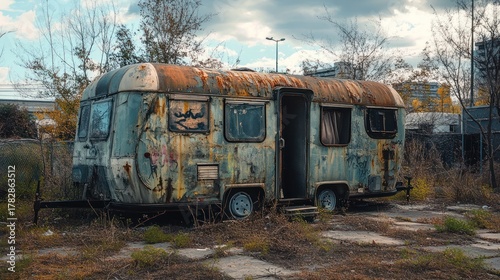 Abandoned Rusty Caravan with Graffiti in Overgrown Lot