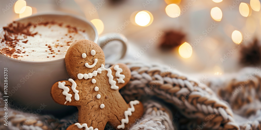 Fototapeta premium Close-up of a holiday coffee drink with a smiling gingerbread cookie in a cozy festive setting