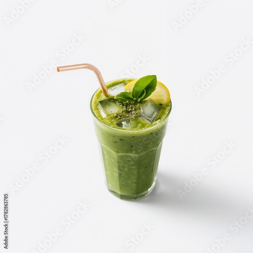 Cup of green smoothie with straw isolated on white background
