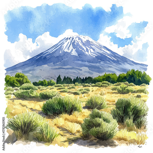 watercolor vector of Mount Kilimanjaro, isolated on a white background.