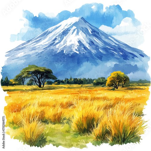 Mount Kilimanjaro, watercolor clipart vector, isolated on a white background.