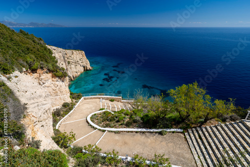Fototapeta Naklejka Na Ścianę i Meble -  Greece, Zakynthos, Skinari View Point - 5 April 2024 - View of the steps and the fantastic landscape at Skinari View Point in Zakynthos