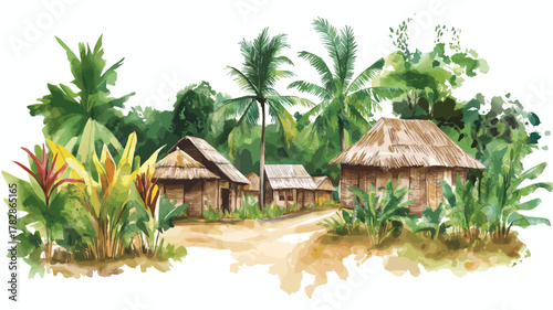 Cacao Hmong Village. Cacao Hmong Village hand drawn watercolor illustration