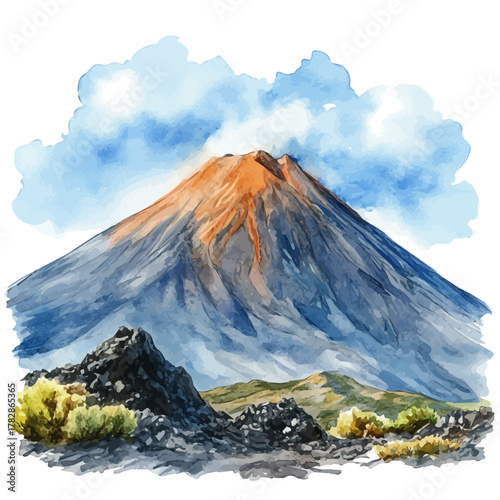 watercolor vector of Mount Etna, isolated on a white background.