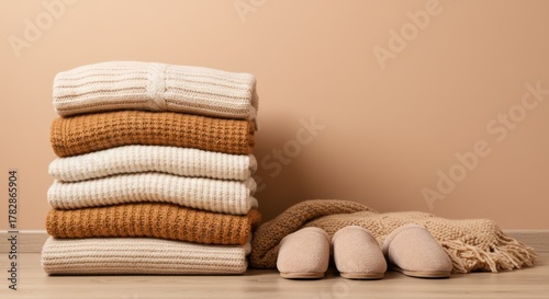 Neutral toned knit sweaters stacked with slippers and a cozy throw on a wood floor.