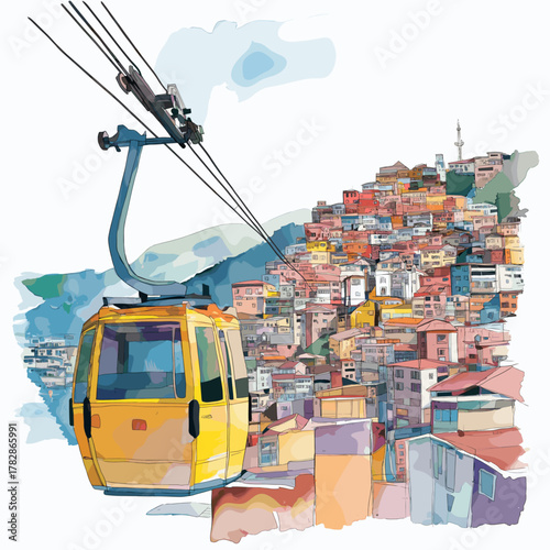 La Paz Cable Cars and Witches Market. La Paz Cable Cars and Witches Market hand drawn watercolor illustration