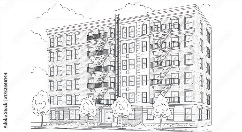 Obraz premium Apartment building illustration with fire escape in minimalist graphic style