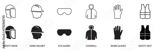 PPE icon set- silhouette and outline style.