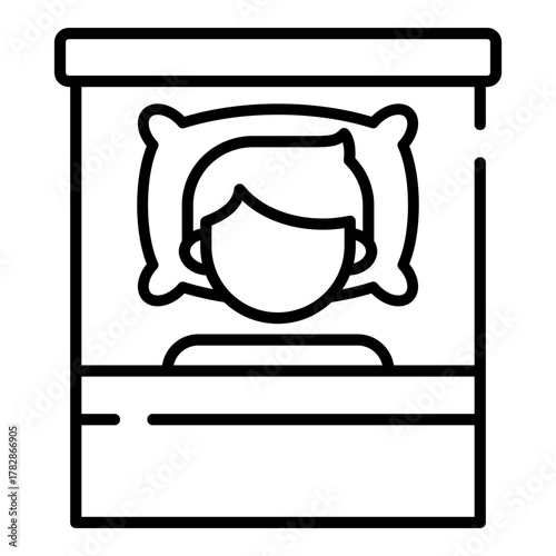 Person sleeping in bed, man sleep black line icon