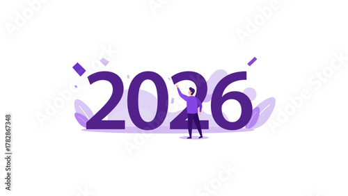 A person stands in front of the large number 2026, symbolizing the upcoming year and future planning.