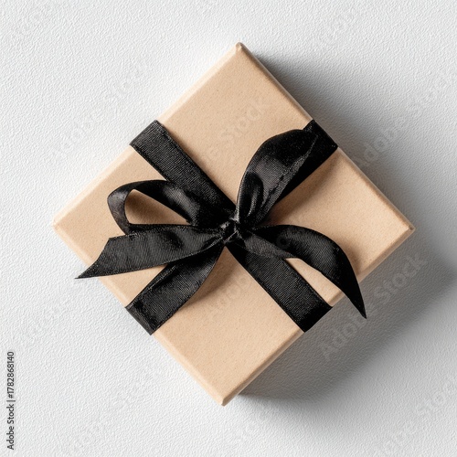 Gift box with black ribbon bow on clean neutral surface