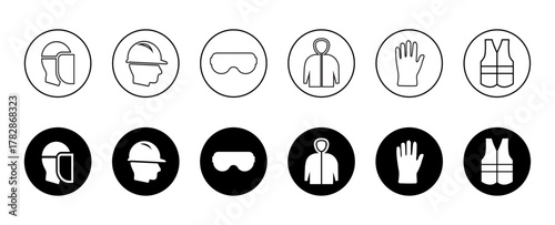 PPE icon set- outline and coloured style.  Industrial safety icons includes face guard sign, safety helmet, protective goggles, gloves and safety vest symbols for workplace signage (isolated)
