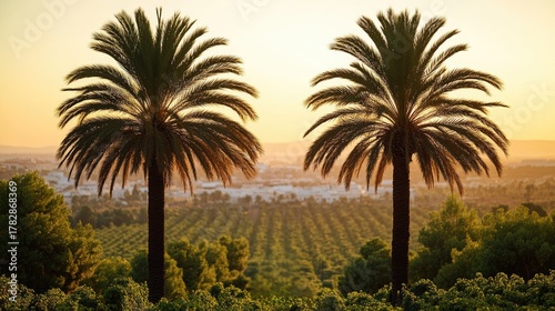 Two palm trees frame a landscape of orange groves at sunset