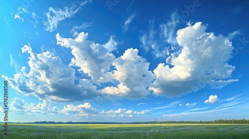 Vast expanse of meadow under a vibrant blue sky filled with fluffy white clouds