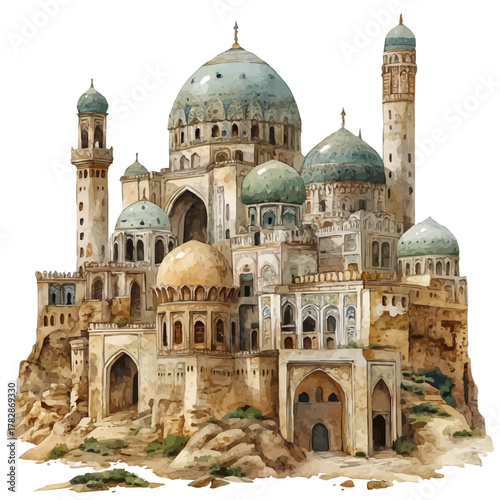 Merv Ancient City, watercolor illustration vector, isolated on a white background.