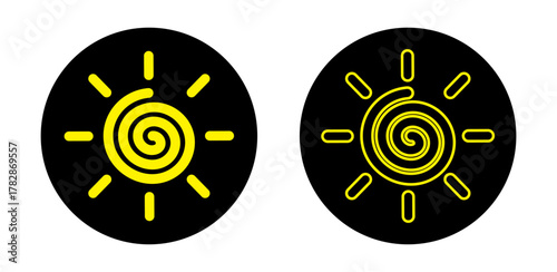 Sun icons in outline style. Vector illustration of spiral sun symbols in black and yellow colors, representing summer, light and warmth.