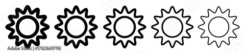Collection of outline sun symbols drawn with various stroke weights. Simple linear vector icons representing warmth, energy and summer.