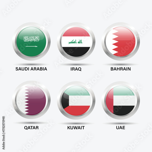 Flags of the Persian Gulf countries. United Arab Emirates, Saudi Arabia, Qatar, Bahrain, Kuwait, Iraq