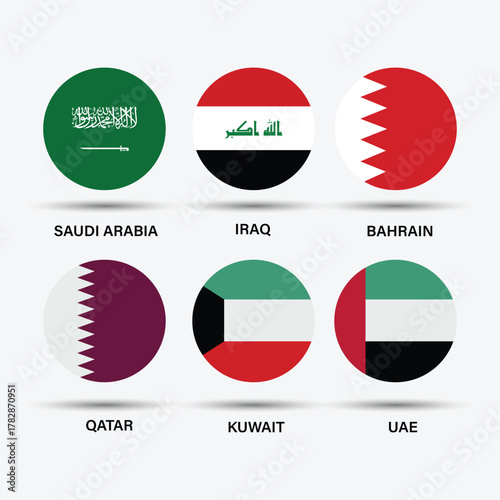 Flags of the Persian Gulf countries. United Arab Emirates, Saudi Arabia, Qatar, Bahrain, Kuwait, Iraq