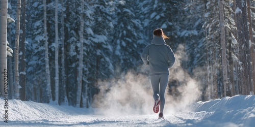 Person in gray jacket, leggings and gloves running on snowy forest path with breath vapor in golden morning sunlight. Invigorating winter jog, energetic cold season fitness vibe in misty woods.
