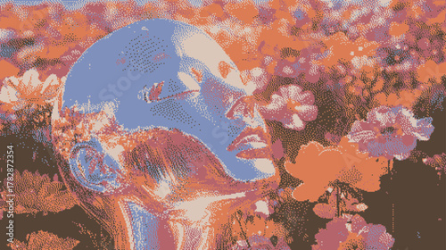 Surreal sculpture of a reflective face amidst vibrant orange flowers