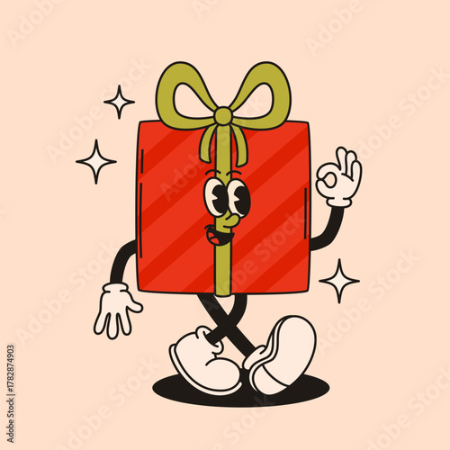 Red gift with bow groovy character.