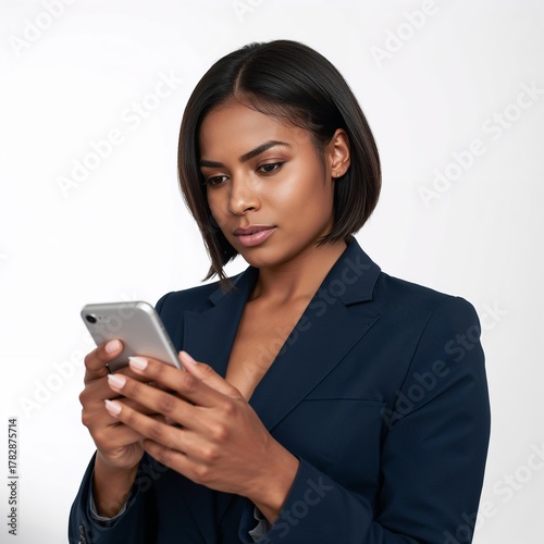 Businesswoman using smartphone isolated on white background