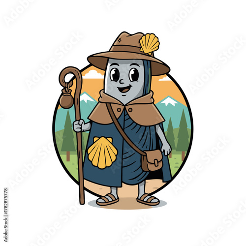 Cartoon pilgrim mascot character walking camino de santiago