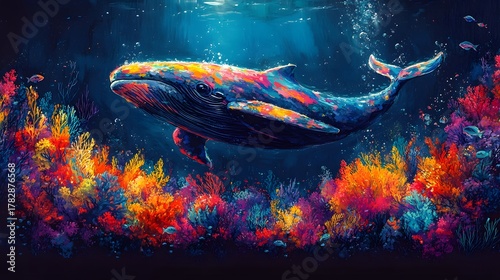 Fototapeta Naklejka Na Ścianę i Meble -  Vibrant underwater scene featuring a colorful whale swimming above a thriving coral reef. A stunning and imaginative depiction of marine life. Abstract Trend Background
