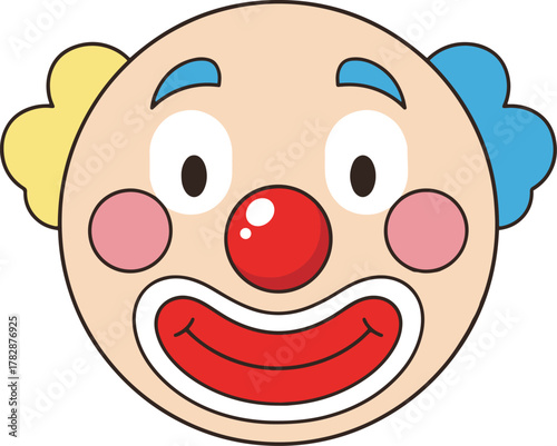  A friendly, cartoon-style vector illustration of a clown's face, featuring pale skin, a bright red nose with a highlight, rosy pink cheeks, wide eyes, blue eyebrows, 