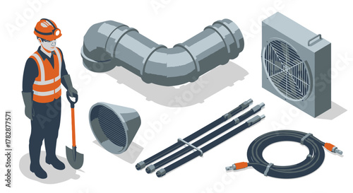 Isometric Construction Elements Worker, Pipes & Air Conditioning