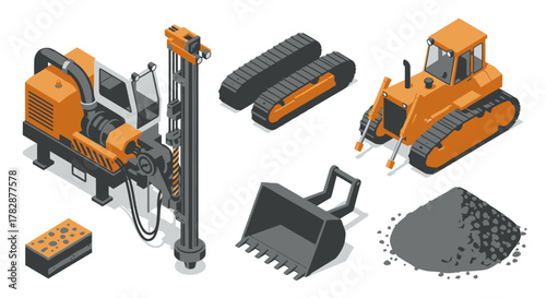 Isometric Construction Machinery Driller, Bulldozer, Tracks & Shovel