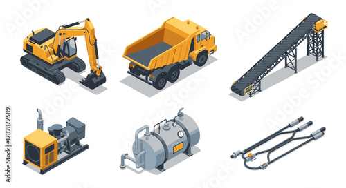 Isometric Heavy Equipment and Machinery Construction Vehicle Icons