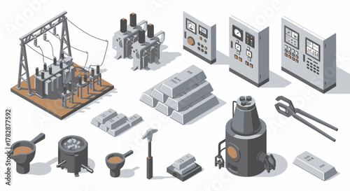 Isometric Industrial Elements Manufacturing and Energy Icons