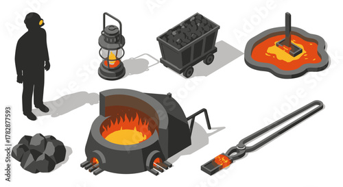 Isometric Coal Mining and Smelting Industry Icons Illustration