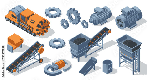 Isometric Mining Equipment Set Conveyor Belts, Motors, Gears, and Drills