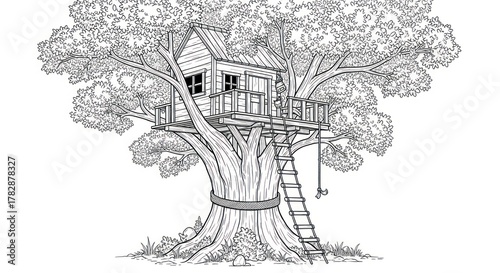 Detailed illustration of a treehouse nestled in a large tree for coloring