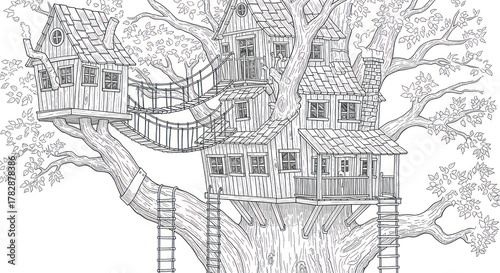 Detailed illustration of a treehouse with bridges and ladders in black and white