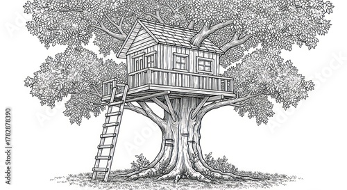 Detailed illustration of a treehouse nestled in a large tree with ladder