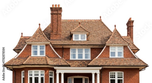 Elegant brick home with dormers and chimneys on white background