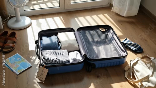 Organized Luggage Displayed in Bright Room with Travel Essentials