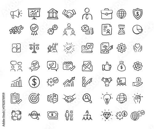 Hand drawn vector business icon set, complete for web design or web applications, infographics, presentations, buttons. Vector EPS