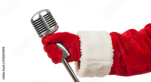 Santa hand holding vintage microphone, isolated on white — ideal for festive radio, podcast or entertainment themes.